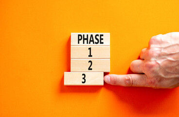 Time to phase 3 symbol. Concept word Phase 1 2 3 on wooden block. Businessman hand. Beautiful orange table orange background. Business planning and time to phase 3 concept. Copy space.