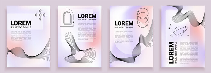 Poster - Abstract 2000s aesthetic backgrounds with Lorem Ipsum text, four liquid holographic backdrops, prints, banners and posters in 00s graphic style.