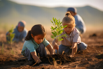 Children planting trees in a barren field showcasing reforestation efforts to combat carbon emissions.