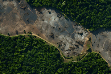 Satellite image of deforestation with cleared areas contrasting against dense forests.