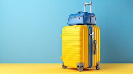 baggage travel. yellow suitcase with travel accessories such as sunglasses, hat and camera on light blue background.