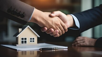 Wall Mural - lease, rental and selling home. Dealership manager handshake customer to the new homeowner. rent house, Sales, loan credit financial, insurance, Seller, dealer, installment gen by AI