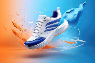 Wall Mural - Flying trendy sneakers on creative colorful background. Sport footwear and fashion concept in minimalistic style. Levitating shoes