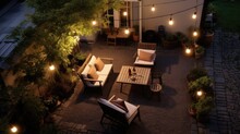A Small Courtyard Surrounded By Greenery, Gravel On The Ground, Simple Patio Furniture, Picture From Above, String Lights, Night. Generative AI
