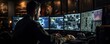 © tongpatong - In a central office hub, a military surveillance officer oversees army communications and oversees a tracking operation with a focus on cyber control and monitoring..