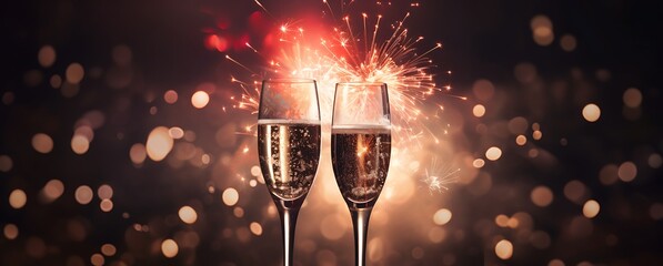 Glasses of champagne with fireworks and hearts on bokeh background