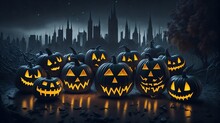 Halloween Party With Themed Costumes And Orange Pumpkins. Monsters, Zombies And Sweets. Trick Or Treat. Scary Castle With Skeletons. Graveyard And Zombie Hand. AI Generative.