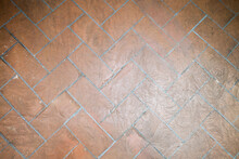 Red Diagonal Brick Tile Floor Pavement Real Life Texture And Closeup Macro Flat Background