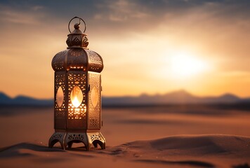 Lantern in the desert at sunset. Ramadan Kareem background