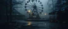 Nighttime Abandoned Amusement Park With Sanatorium, Ferris Wheel, And Foggy Park. Background Concept For Halloween. Generative AI