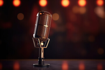 Professional microphone with pink purple background banner, Podcast or recording studio. Generative AI