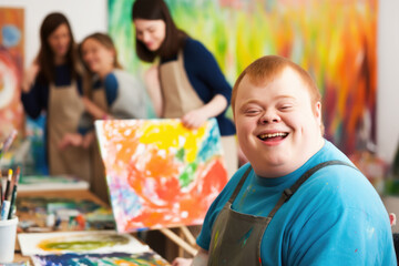 Young smiling man with Down syndrome on art workshop with a group of students, learning a new skill. Social integration concept.