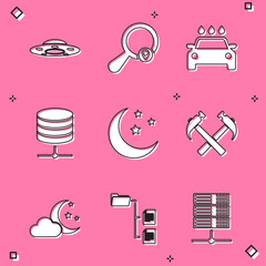Poster - Set UFO flying spaceship, Search location, Car wash, Server, Data, Web Hosting, Moon and stars and Two crossed hammers icon. Vector