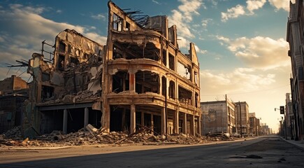 Wall Mural - burning buildings after the war, war scene, flamming houses