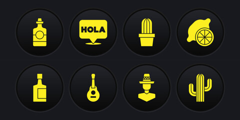 Wall Mural - Set Tequila bottle, Lemon, Mexican guitar, man sombrero, Cactus or succulent in pot, Hola, and icon. Vector