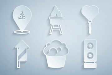 Sticker - Set Muffin, Balloons form of heart, Firework rocket, Stereo speaker, Barbecue grill and Slice pizza icon. Vector