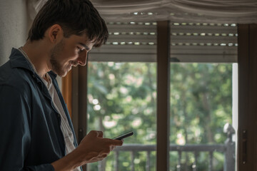 Sticker - teenager or young man at home with mobile phone or smartphone