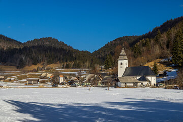 Canvas Print - Landscape with church (Cerkev Rozenvenske Marije) near Bohinjska Bistrica, Slovenia