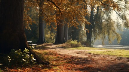 Wall Mural - A park bench in the middle of a forest