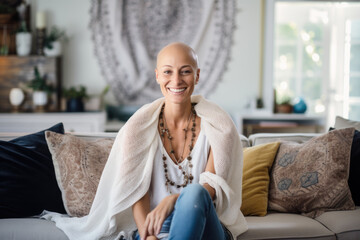 Portrait of a strong, beautiful smiling woman with no hair, cancer survivor, sitting on the sofa in her home.