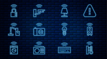 Poster - Set line Smart thermometer, stereo speaker, table lamp, photo camera, Robotic robot arm hand factory, safe combination lock, light bulb and security icon. Vector