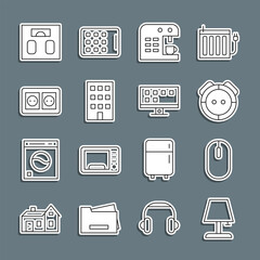 Poster - set line table lamp, computer mouse, robot vacuum cleaner, coffee machine, house, electrical outlet,