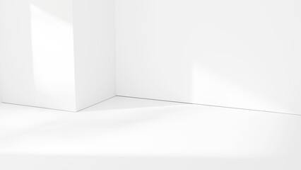 Fototapete - White blank floor studio room with sunlight beams and shadows, abstract interior white background design corner