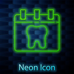 Sticker - Glowing neon line Calendar with tooth icon isolated on brick wall background. International Dentist Day, March 6. March holiday calendar. Vector