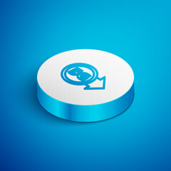 Poster - Isometric line 5G new wireless internet wifi connection icon isolated on blue background. Global network high speed connection data rate technology. White circle button. Vector
