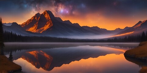 Wall Mural - highland landscape with night sky. ai generated illustration