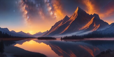 Wall Mural - highland landscape with night sky. ai generated illustration