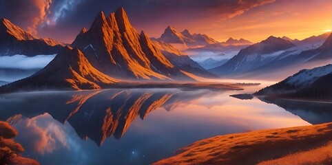 Wall Mural - highland landscape with night sky. ai generated illustration