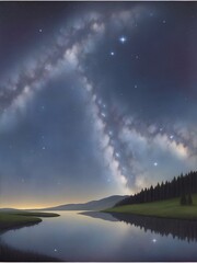 Wall Mural - highland landscape with night sky. ai generated illustration