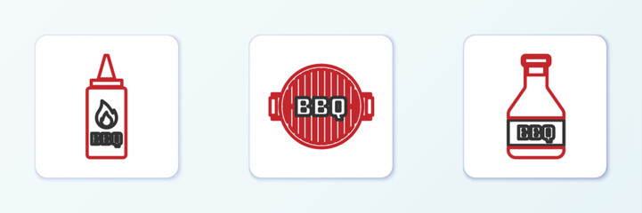 Poster - Set line Ketchup bottle, and Barbecue grill icon. Vector