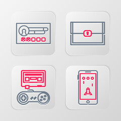 Poster - set line mobile and playing in game, game console with joystick, chest for and create account screen