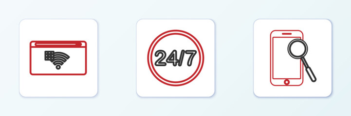 Poster - Set line Mobile phone diagnostics, No Internet connection and Clock 24 hours icon. Vector