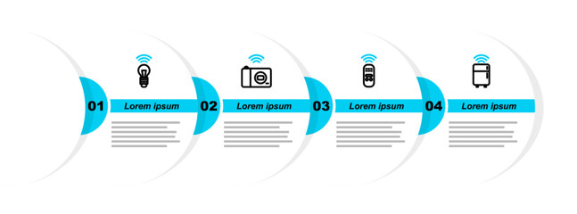 Poster - Set line Smart refrigerator, remote control, photo camera and light bulb icon. Vector