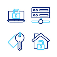 Poster - Set line House under protection, Marked key, Server, Data, Web Hosting and Laptop and lock icon. Vector
