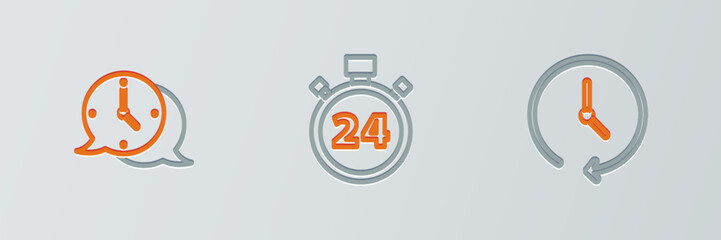 Poster - Set line Clock, speech bubble and Stopwatch 24 hours icon. Vector