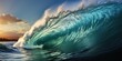© Graphic Warrior - AI Generated. AI Generative. Big sea ocean wave surfing background. Vacation adventure travel tropical extreme surfing sport vibe. Mock up surf club presentation