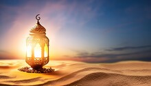 Oriental Lamp In Sand At Ramadan Night, Landscape With Sunset Background For Invitation Card For Islamic Holiday Celebrations 2024