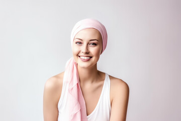 Portrait of a beautiful smiling woman with hair scarf, cancer survivor, over pink pastel background.