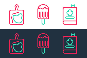 Sticker - Set line Cookbook, Cutting board and Ice cream icon. Vector