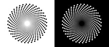 Modern Abstract Background. Halftone Dots In Circle Form. Round Logo. Vector Dotted Frame. Design Element Or Icon. Black Shape On A White Background And The Same White Shape On The Black Side.
