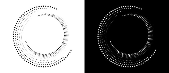 Modern abstract background. Halftone dots in circle form. Round logo. Vector dotted frame. Design element or icon. Black shape on a white background and the same white shape on the black side.