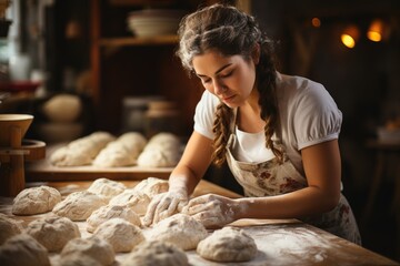 Wall Mural - young woman kneading dough to bake delicious bread (Generative AI)