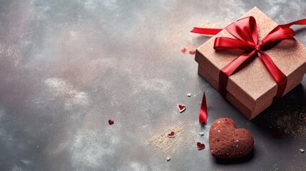 Wall Mural - A gift or present box for Valentines Day is shown on a rustic backdrop with a red bow ribbon and a glitter heart.