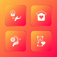 Poster - Set Blood donation, Shelter for homeless, Leaf in hand and Donate child toys icon. Vector