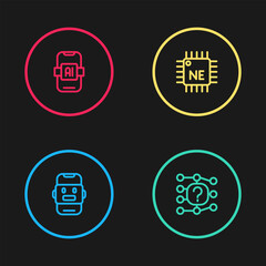 Poster - Set line Chat bot, Neural network, Processor CPU and Artificial intelligence AI icon. Vector