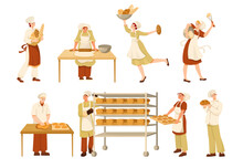 Man And Woman Bread Bakers In Uniform And Toque Baking Pastry Vector Set